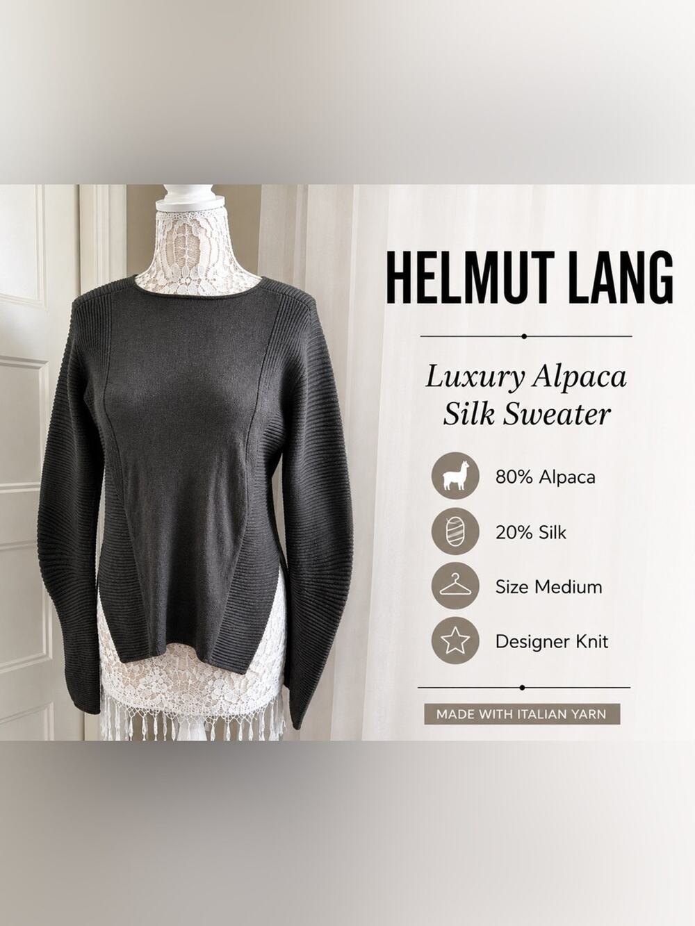 Helmut Lang Alpaca Silk Sweater Medium Gray Ribbed Knit Designer Luxury Pullover